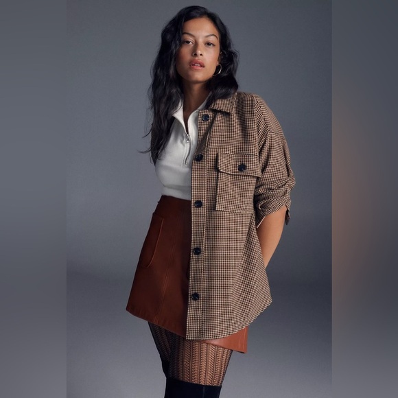 Anthropologie x Current Air | Houndstooth Printed Shirt Jacket Brown/Black Large - Picture 4 of 11